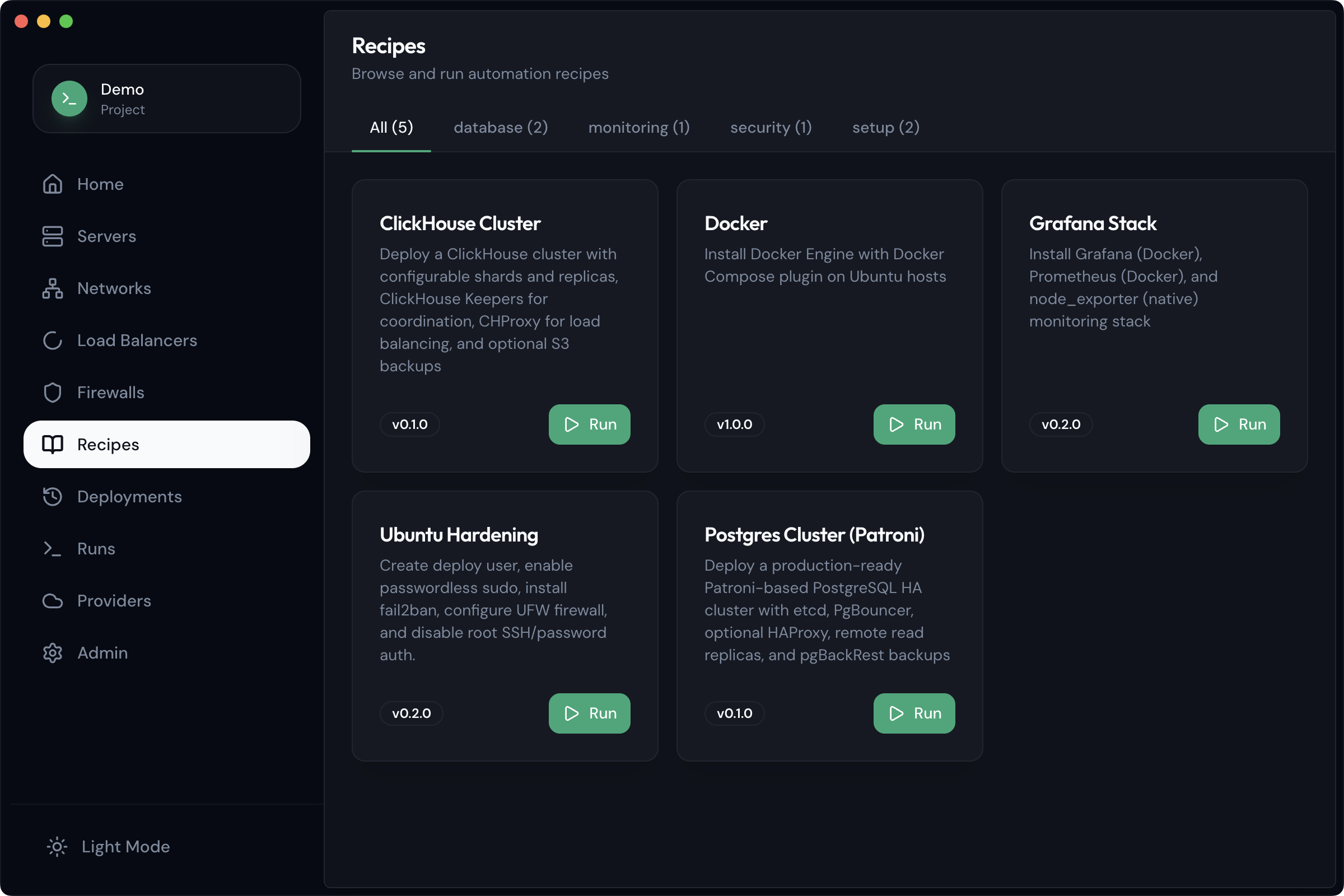 Recipe selection showing available cluster options